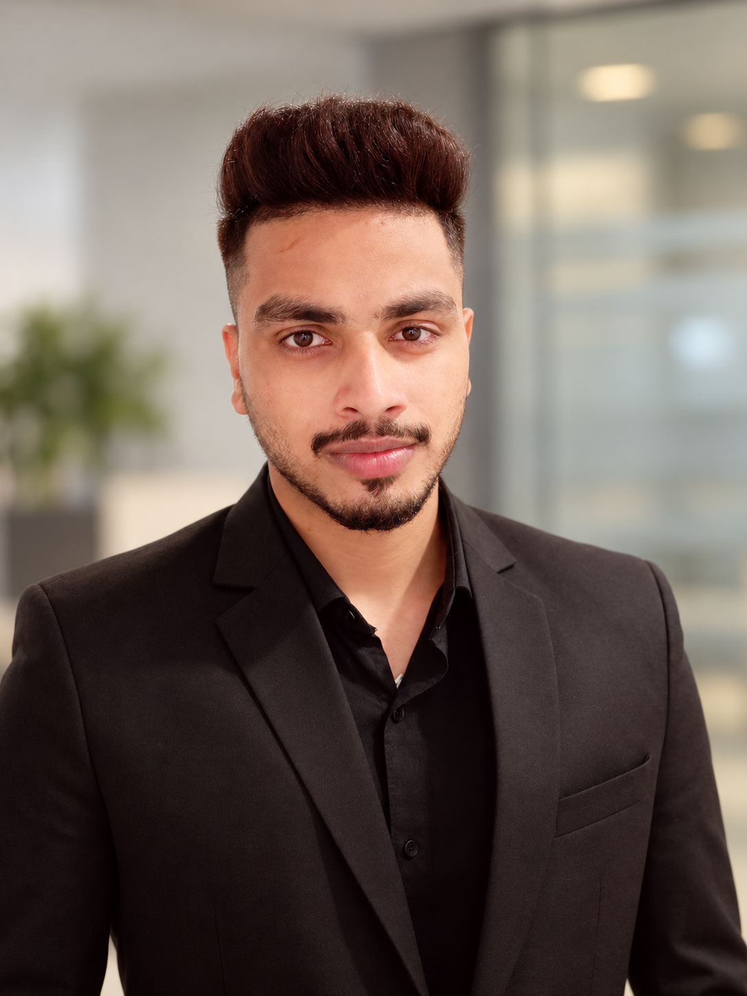 Moksh Maurya — founder portrait with an AI-edited office background