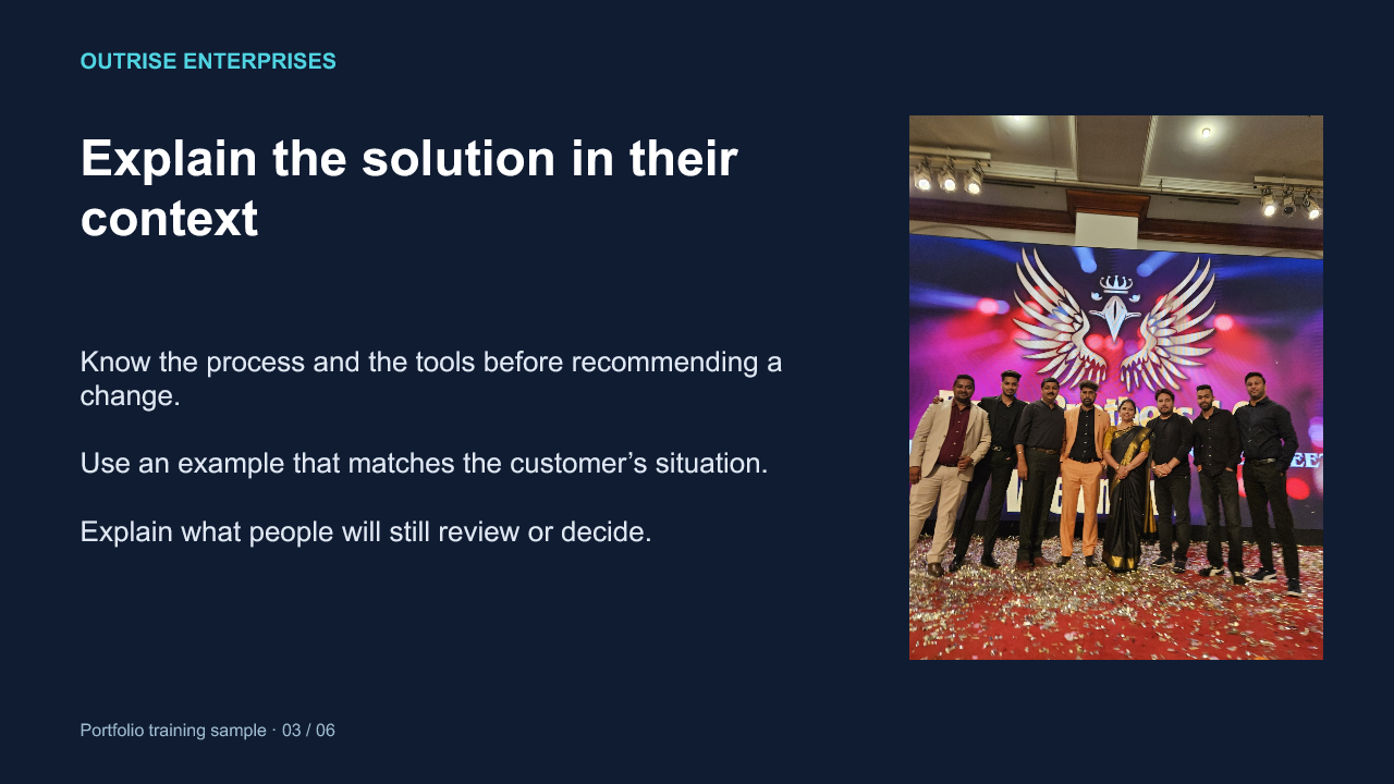 Explain the solution in their context presentation excerpt